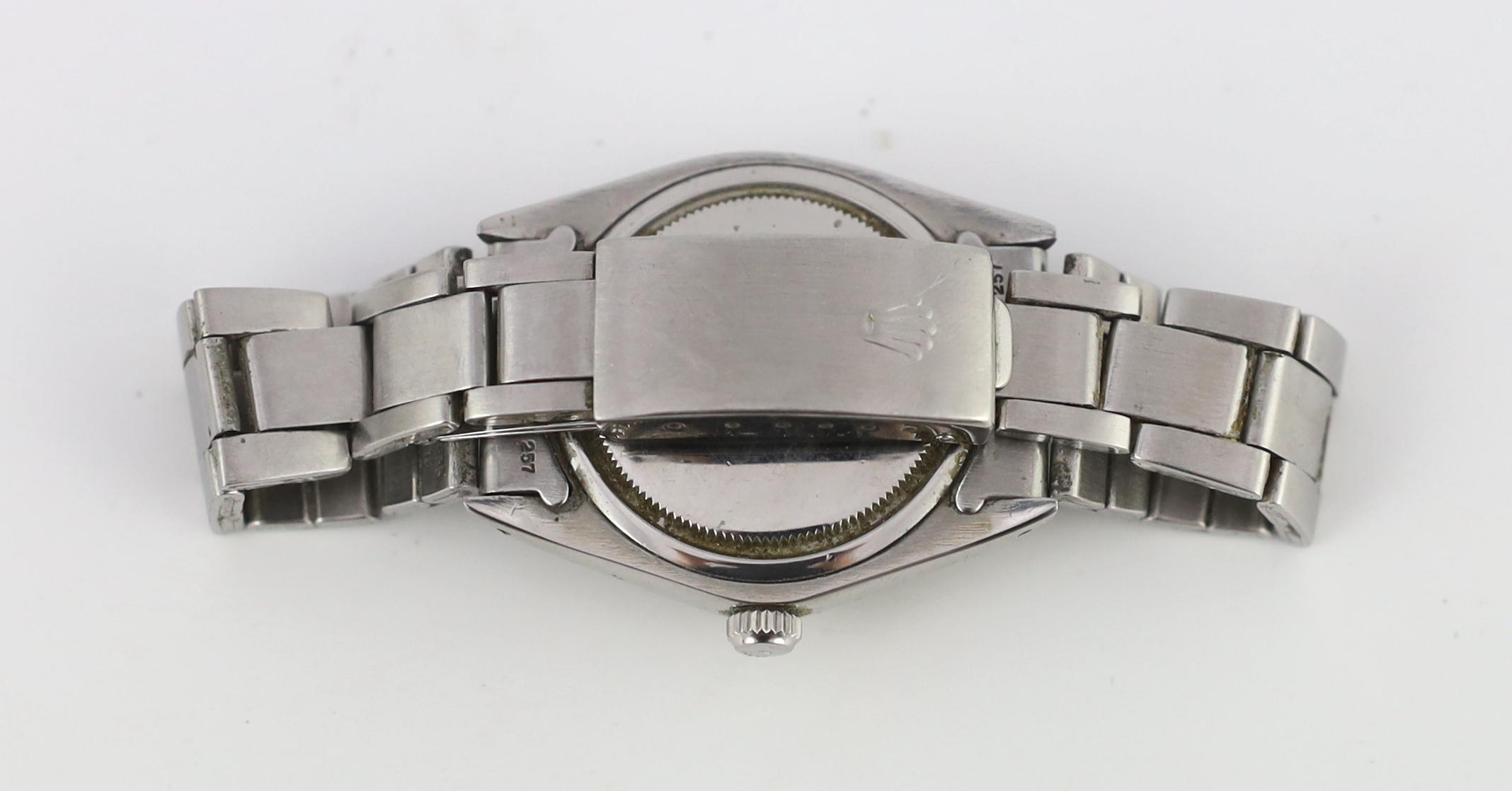 A gentleman's early 1970's stainless steel Rolex Oysterdate Precision manual wind wrist watch, on a stainless steel Rolex bracelet